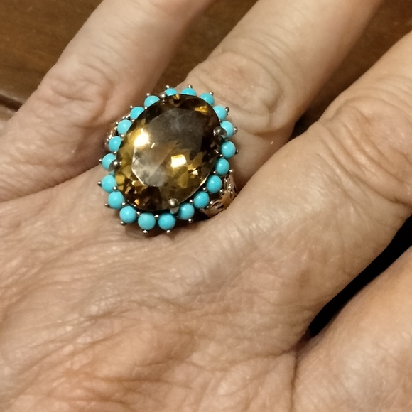 Brazilian Citrine Sleeping Beauty Turquoise Halo Ring Vermeil YG & Platinum O/SS - Picture 5 of 7